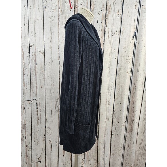 Mel & Lisa Black‎ Ribbed Hooded Open Front Cardigan Sweater Women's L Long EUC - Picture 2 of 6